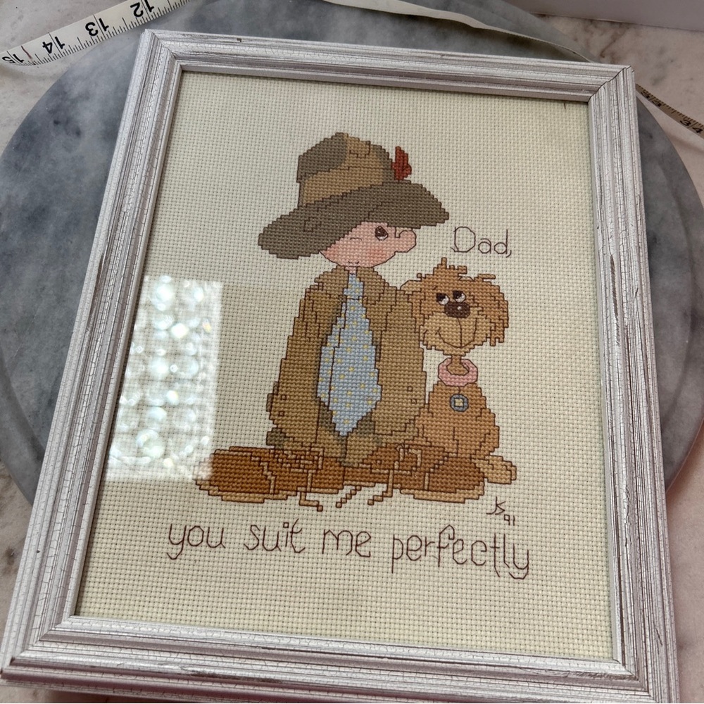 Vintage Completed Framed 8 x 10 Cross Stitch Precious Moments DAD